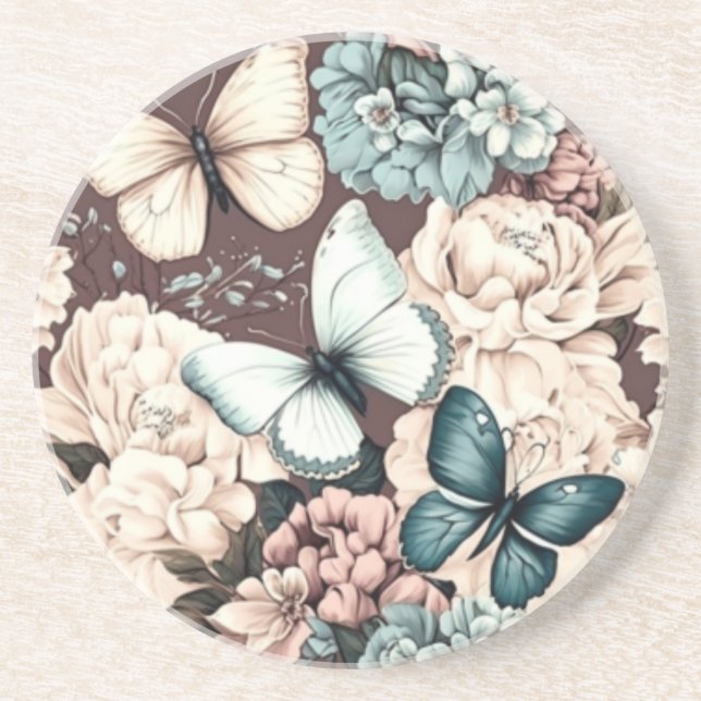 Butterflies and brown flowers coaster (Front)