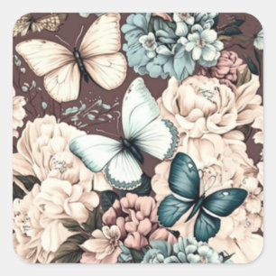 Butterflies and brown flowers square sticker