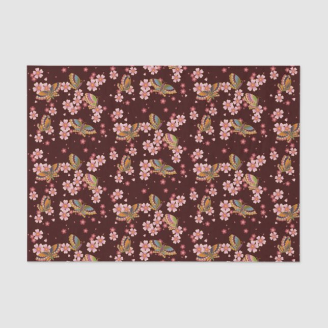Butterflies and Cherry Blossom Showers Maroon Tissue Paper (Front)
