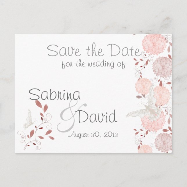 Butterflies and Coral Chrysanthemums Save the Date Announcement Postcard (Front)