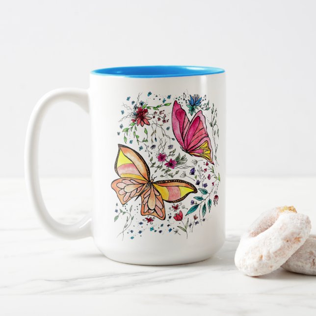 Butterflies and custom name Two-Tone coffee mug (With Donut)