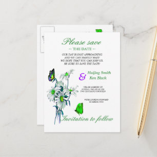 Butterflies And Daisies Green Save The Date Announcement Postcard