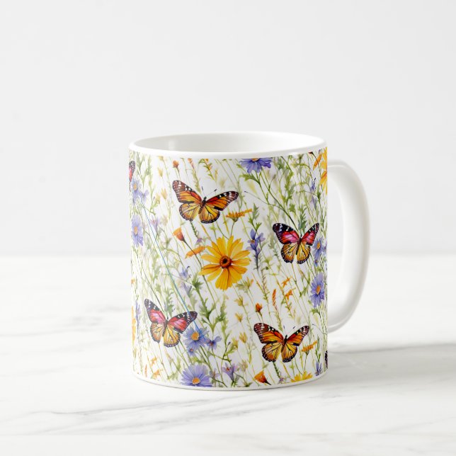 Butterflies and Daisies in a Meadow Coffee Mug (Front Right)