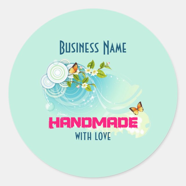 Butterflies and Flower Blossoms Handmade Business Classic Round Sticker (Front)