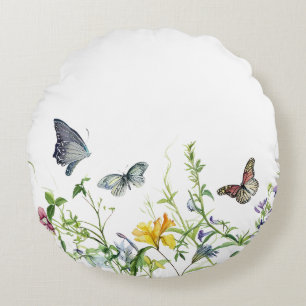 Butterflies and flower blossoms Round Cushion
