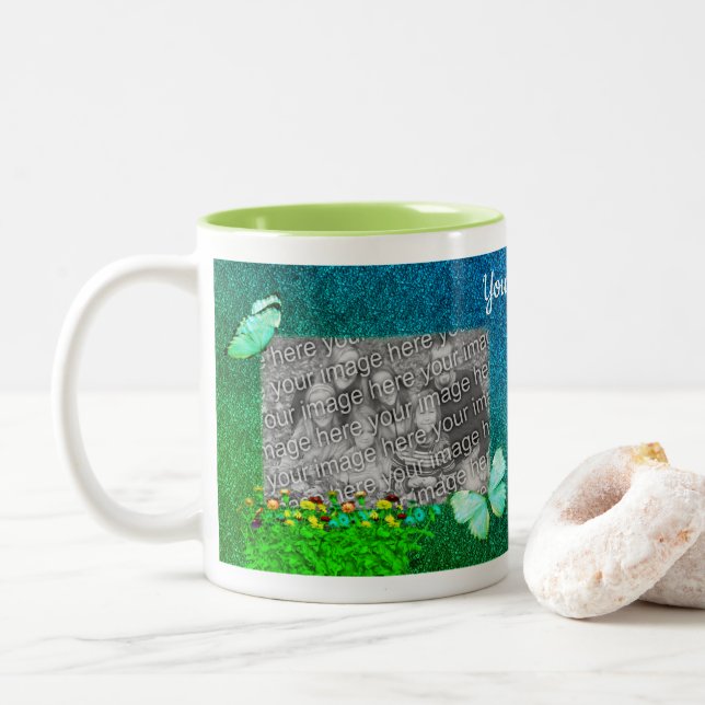 Butterflies And Flowers Art Personalised Photo  Two-Tone Coffee Mug (With Donut)