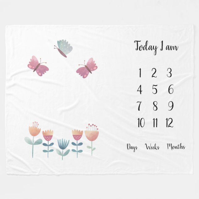 Butterflies and flowers Baby first year milestone  Fleece Blanket (Front (Horizontal))