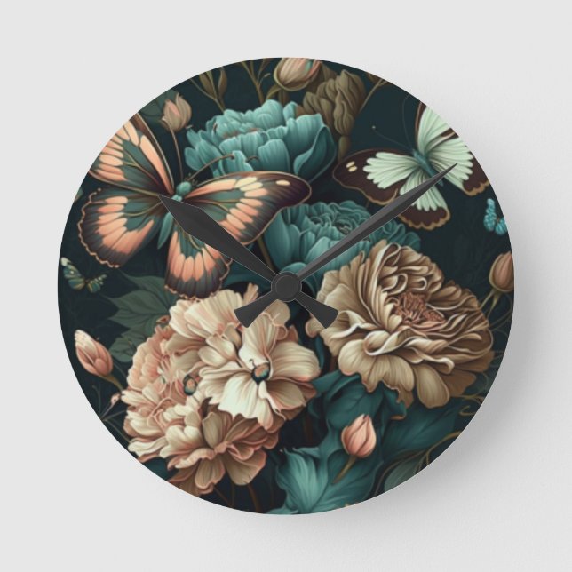 Butterflies and flowers dark classic design round clock (Front)