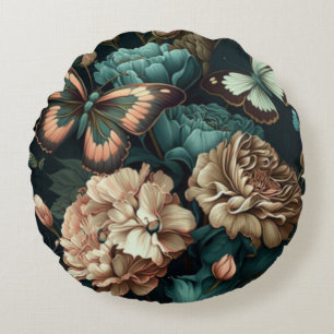 Butterflies and flowers dark classic design round cushion