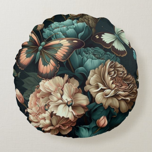 Butterflies and flowers dark classic design round cushion (Front)