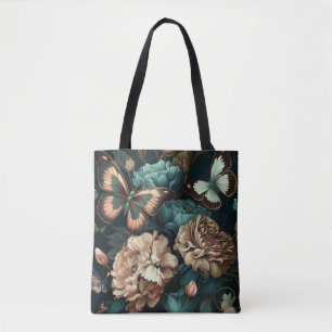 Butterflies and flowers dark classic design tote bag