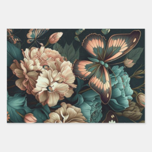 Butterflies and flowers dark classic design wrapping paper sheet