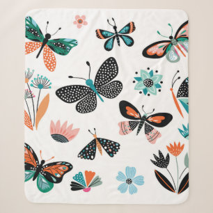 Butterflies and flowers,hand drawn collection of d sherpa blanket