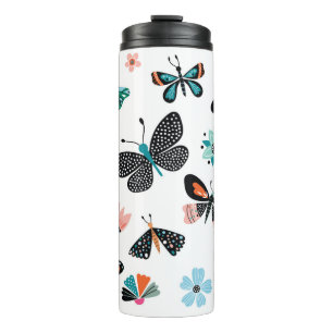 Butterflies and flowers,  hand drawn collection of thermal tumbler
