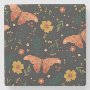 Butterflies and Flowers Hand Drawn Sketch Stone Coaster