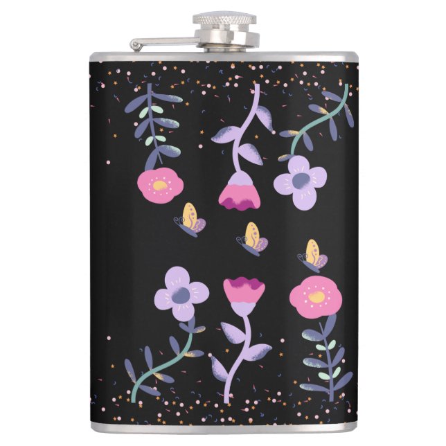 butterflies and flowers hip flask (Front)