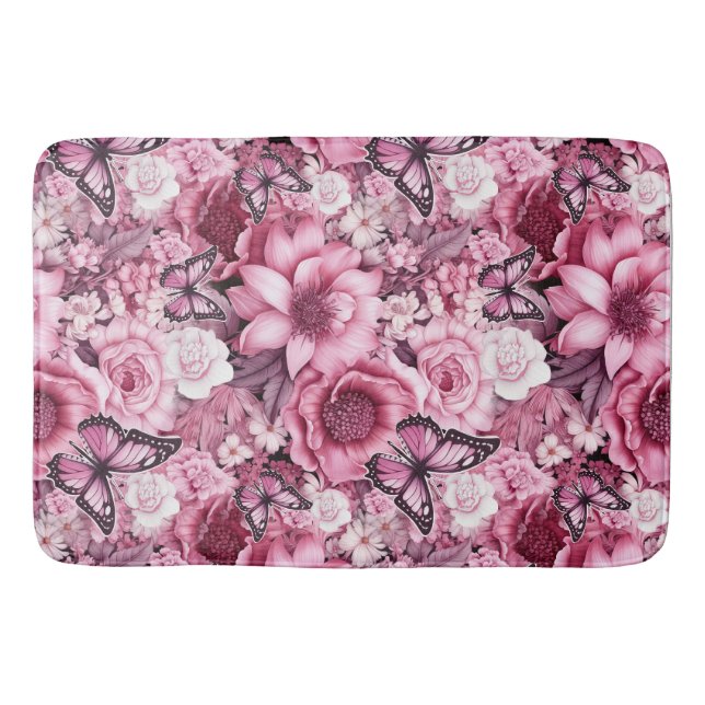 Butterflies and Flowers in varying shades of pink  Bath Mat (Front)