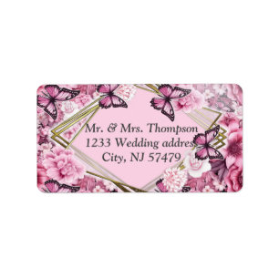 Butterflies and Flowers in varying shades of pink Label