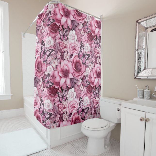 Butterflies and Flowers in varying shades of pink  Shower Curtain (In Situ)