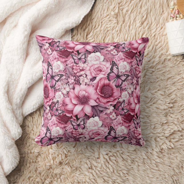 Butterflies and Flowers in varying shades of pinks Cushion (Blanket)