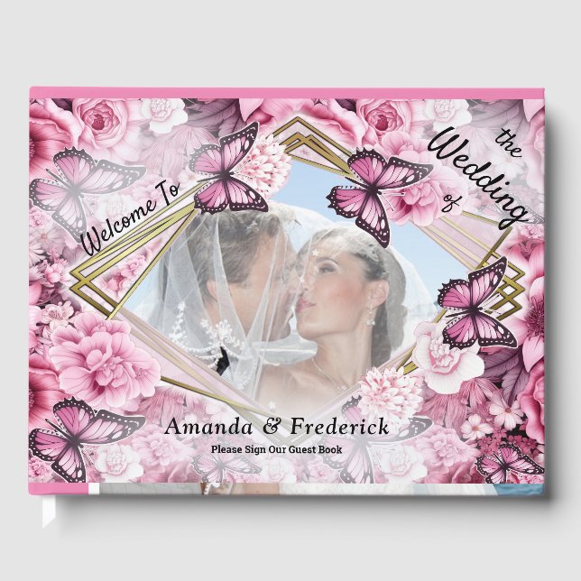 Butterflies and Flowers in varying shades of pinks Guest Book (Front)