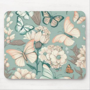 Butterflies and flowers light green decor mouse mat