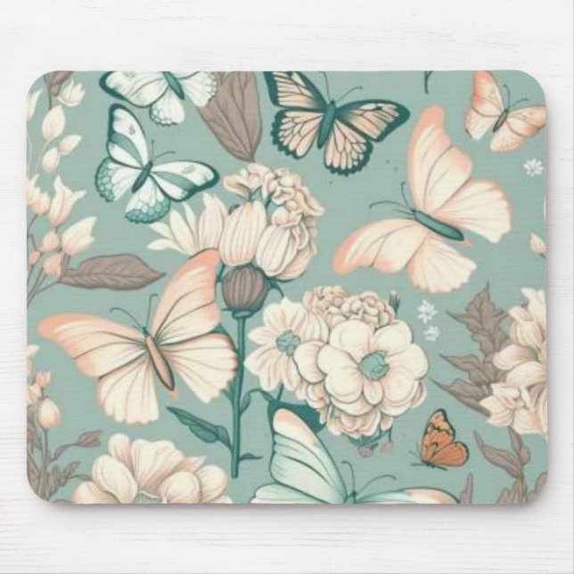 Butterflies and flowers light green decor mouse mat (Front)