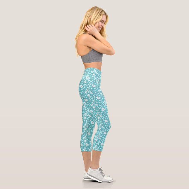 Butterflies And Flowers On Aqua Capri Leggings (Right)