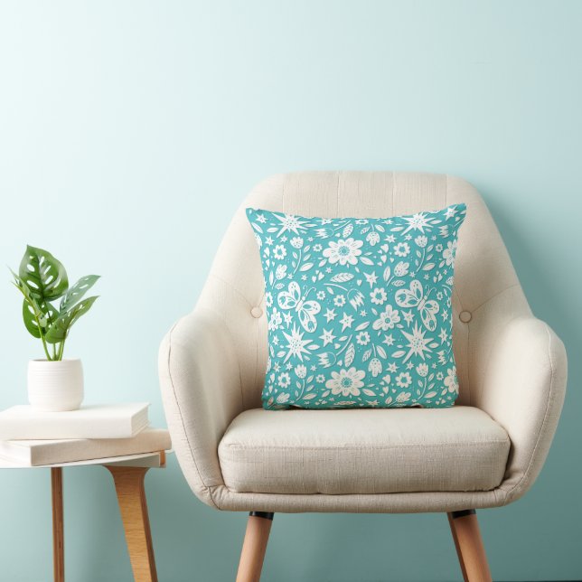 Butterflies And Flowers On Aqua Cushion (Chair)