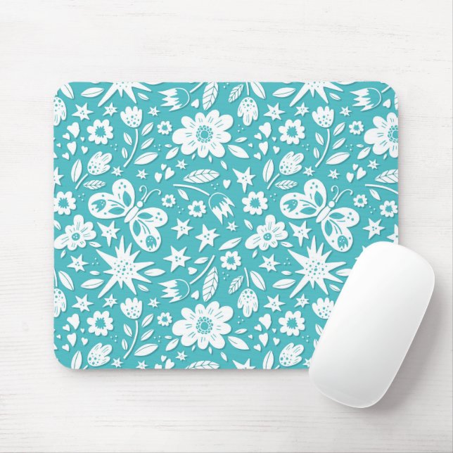 Butterflies And Flowers On Aqua Mouse Mat (With Mouse)