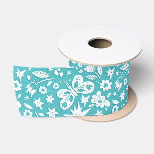 Butterflies And Flowers On Aqua Satin Ribbon