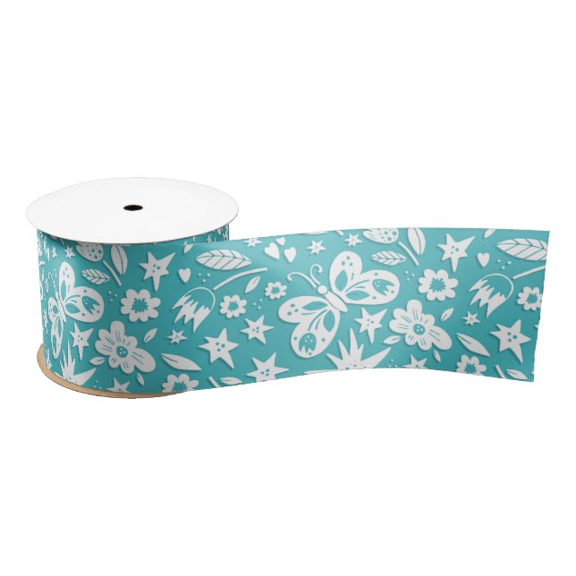Butterflies And Flowers On Aqua Satin Ribbon (Spool)