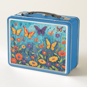 Butterflies and Flowers on Blue Kid's Metal Lunch Box