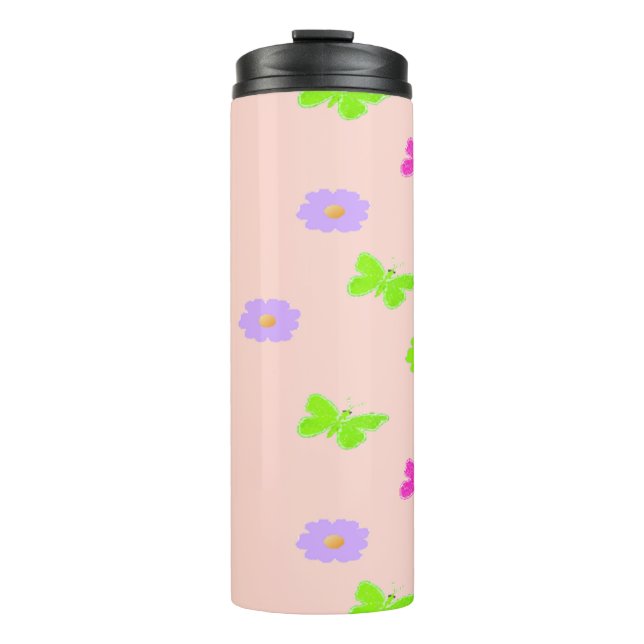 butterflies and flowers on pink thermal tumbler (Front)