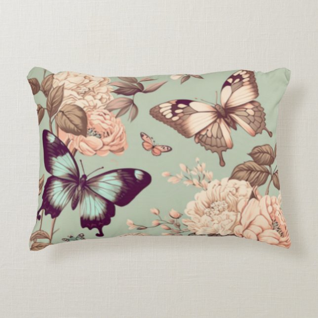 Butterflies and flowers pastel light green  decorative cushion (Front)