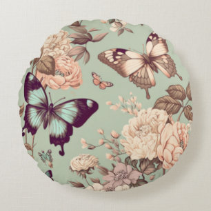 Butterflies and flowers pastel light green round cushion