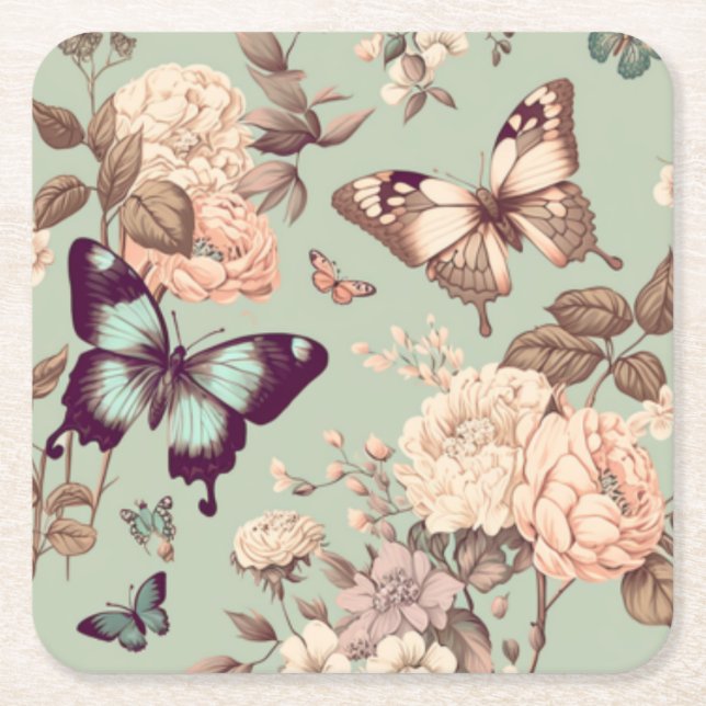 Butterflies and flowers pastel light green  square paper coaster (Front)
