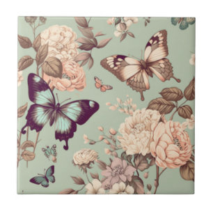 Butterflies and flowers pastel light green  tile