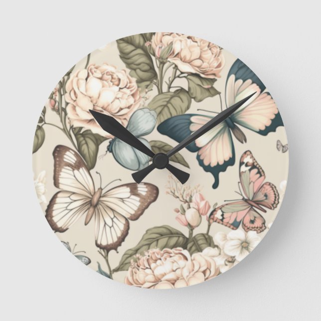 Butterflies and flowers pastel  round clock (Front)