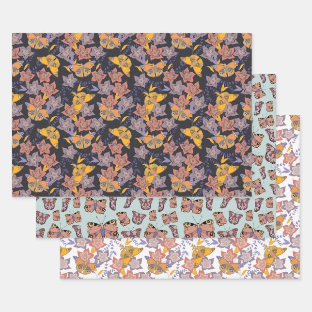 Butterflies and Flowers pattern Wrapping Paper Sheet (Set)