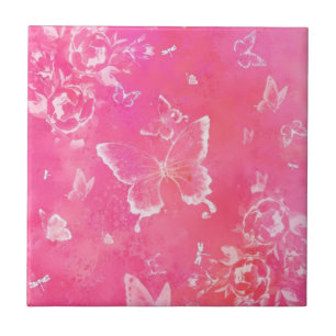 Butterflies and Flowers - Pink Art Tile