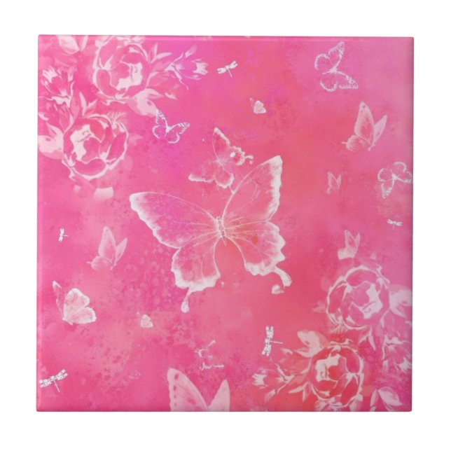 Butterflies and Flowers - Pink Art Tile (Front)