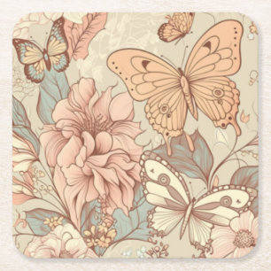 Butterflies and flowers  square paper coaster