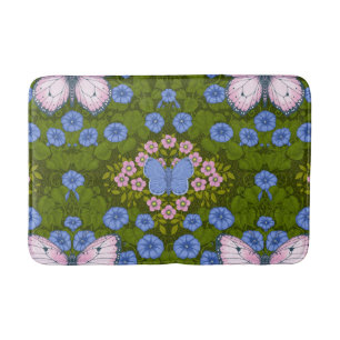 Butterflies and flowers symmetry, blue and pink bath mat