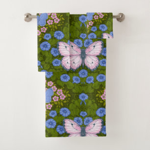 Butterflies and flowers symmetry, blue and pink bath towel set