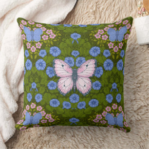 Butterflies and flowers symmetry, blue and pink cushion