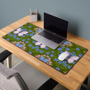 Butterflies and flowers symmetry, blue and pink desk mat