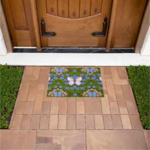 Butterflies and flowers symmetry, blue and pink doormat