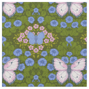 Butterflies and flowers symmetry, blue and pink fabric