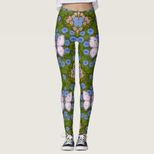 Butterflies and flowers symmetry, blue and pink leggings